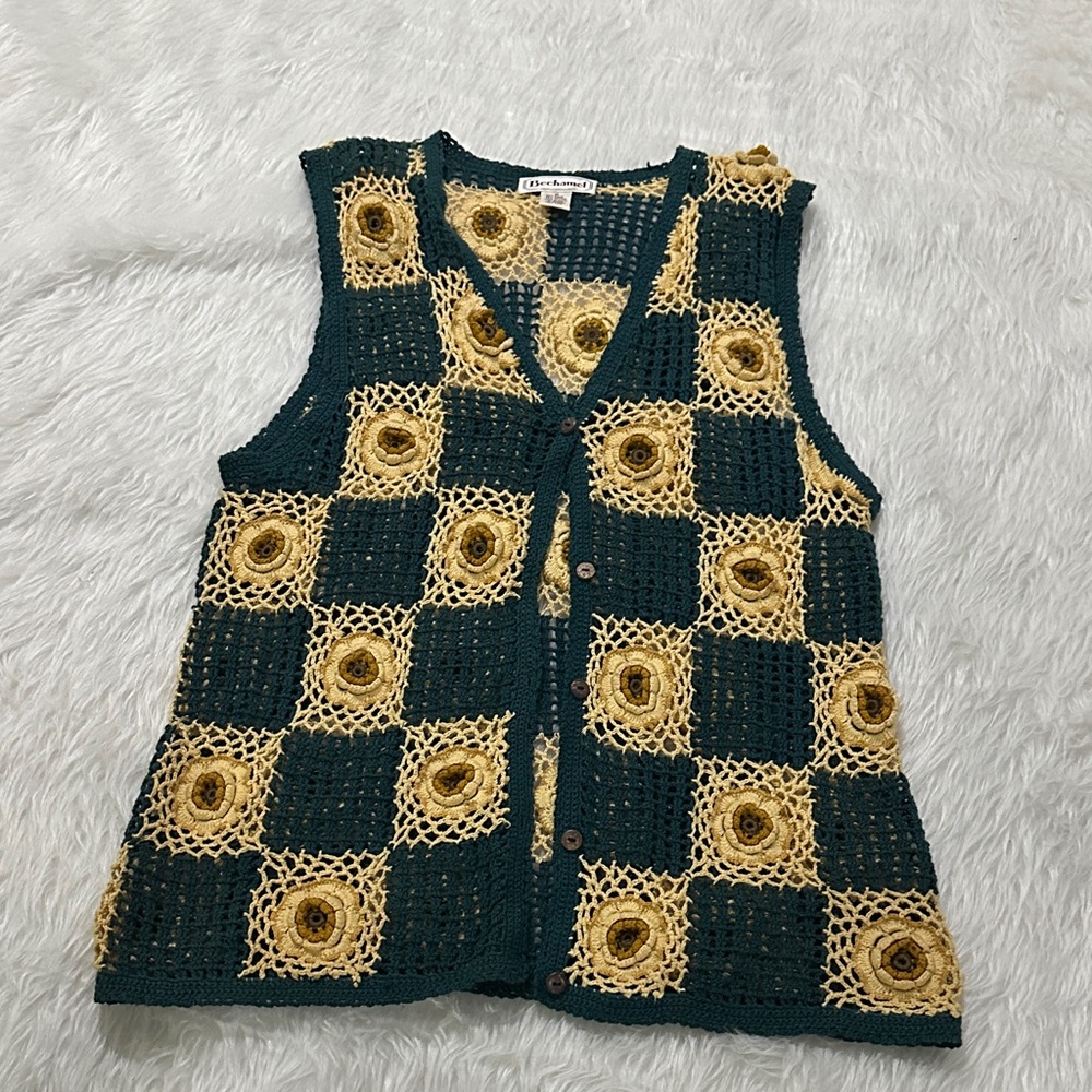 Vintage Bechamel Green and Yellow Crochet Vest